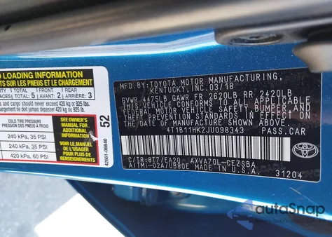 2018 Toyota Camry Se from USA, damaged, VIN 4T1B11HK2JU098343